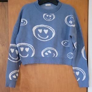 Debut Blue and White Crew Neck Smiley Face Sweater